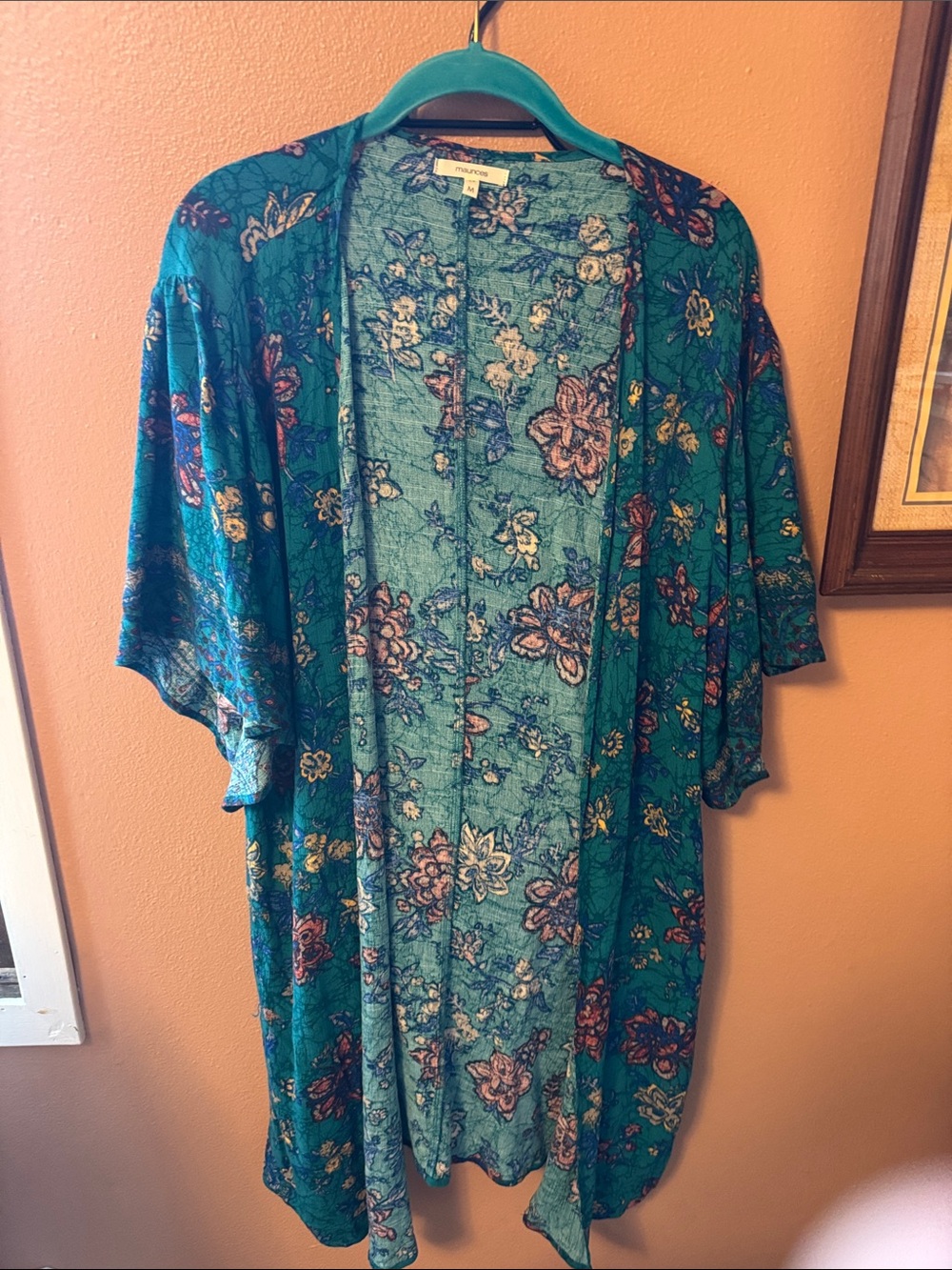 Maurices Teal Floral Open-Front Kimono